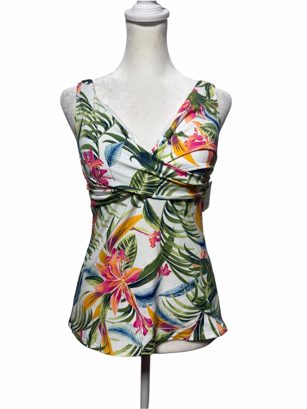 NWT Liz Claiborne Tropical Tankini Swim Top Twist Front Size L Multicolor